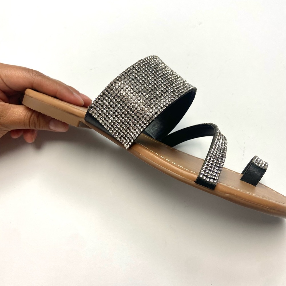 Black Sandals silver rhinestone Lexi sandals Toe-Ring Slide sandals